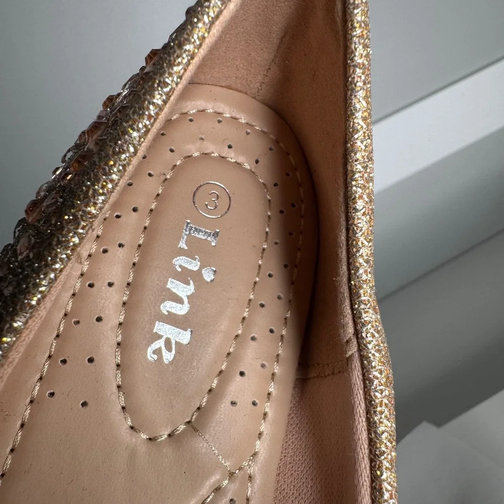 Link Ballet Flats Kids Size 3 Rose Gold Glitter Rhinestone‎ Dress Shoes 2581